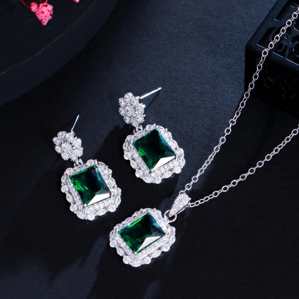 S&S Flower & Square CZ Necklace & Earrings Set – Yellow, Green & Pink – Collection
