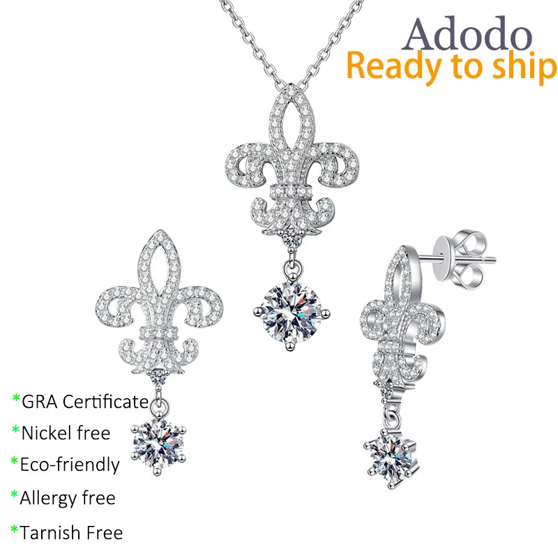 ArtistA Regal Fleur-de-lis Coordinating Moissanite Jewelry Set 925 Sterling Silver GRA Certified Non-Reactive All-Day Wear for Women