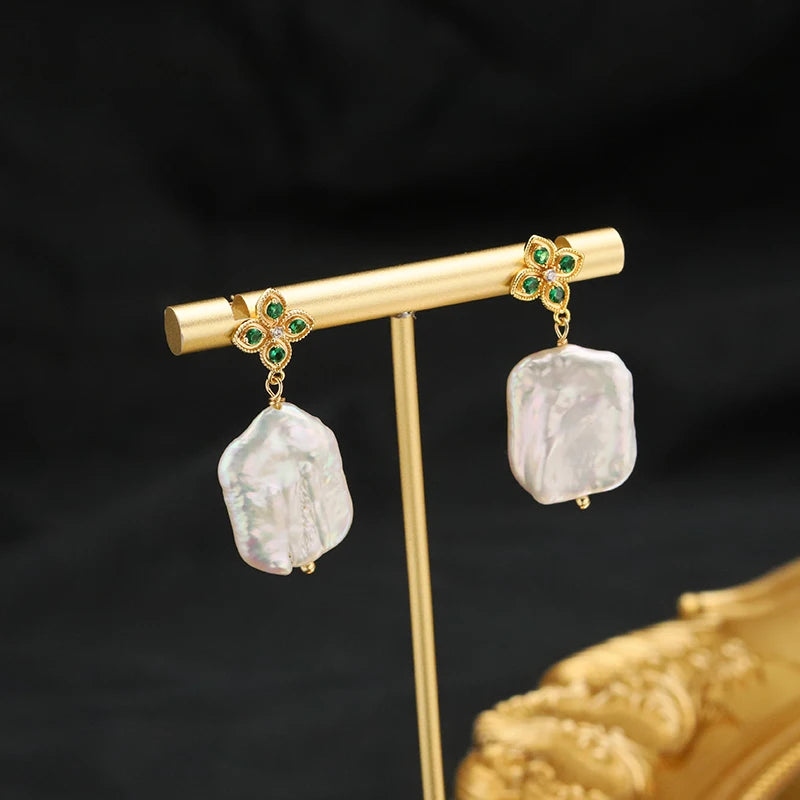 Emerald Flower Silver 925 Jewelry for Woman Geometric Purple Baroque Pearl Earring Korean Style Lady Birthday Eardrop