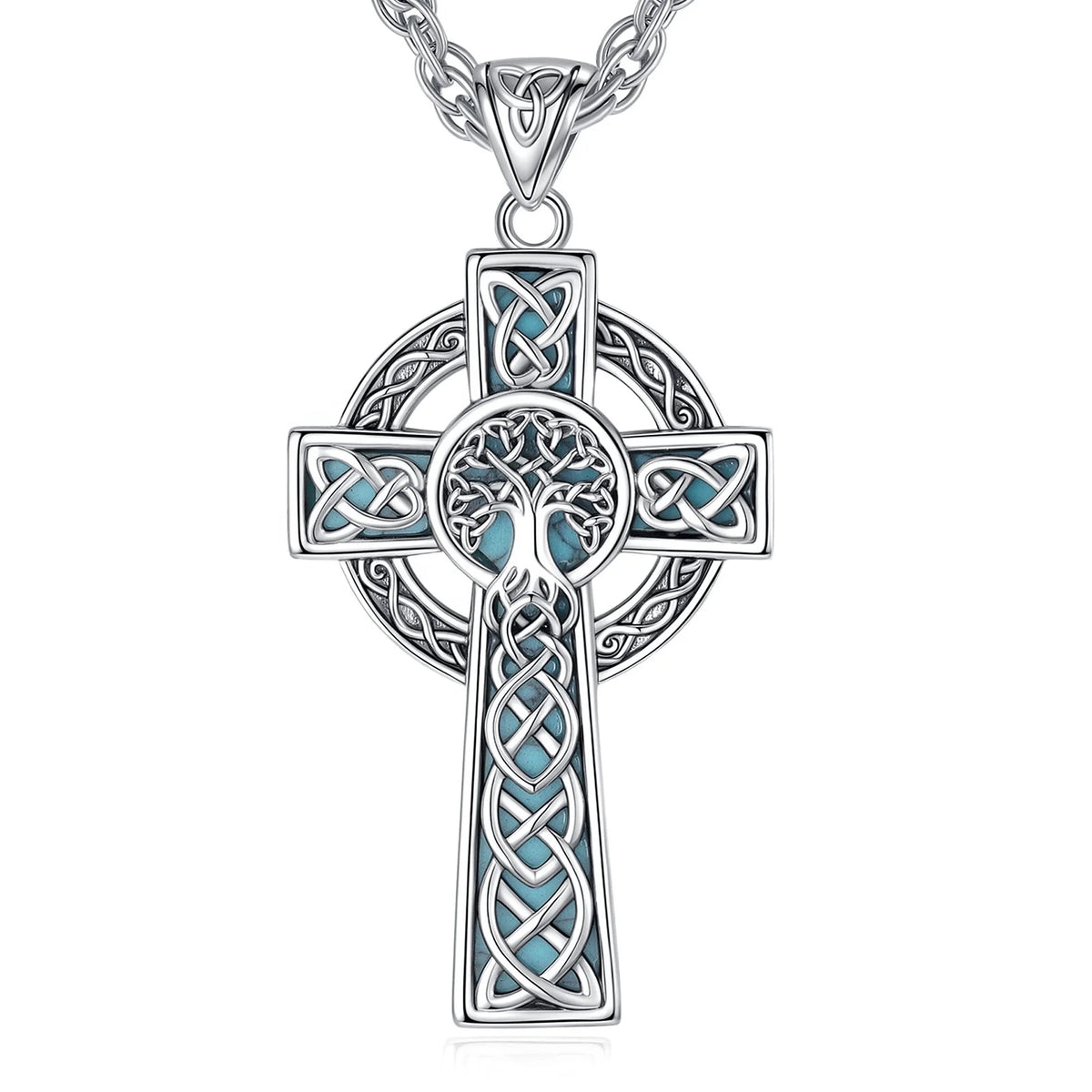 REBEL VIKING Celtic Cross & Tree of Life Pendant – Antiqued Silver & Turquoise