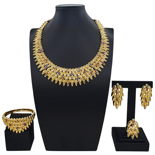 Zhuerrui Chic Leaf Multicolor Rhinestone Gold Plated Jewelry Set for Women Necklace Earrings Bracelet Ring Evening Jewelry I0101
