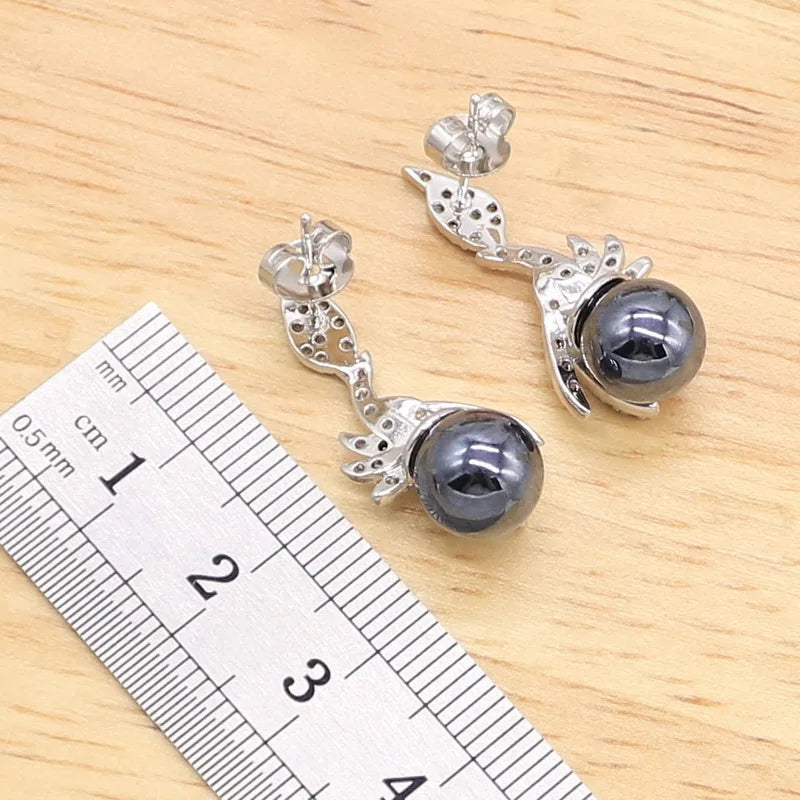 XOTICA Black Freshwater Pearl Sterling Silver Classic Bridal Jewelry Sets for Women Earrings Necklace Pendant Ring Bracelet Wedding