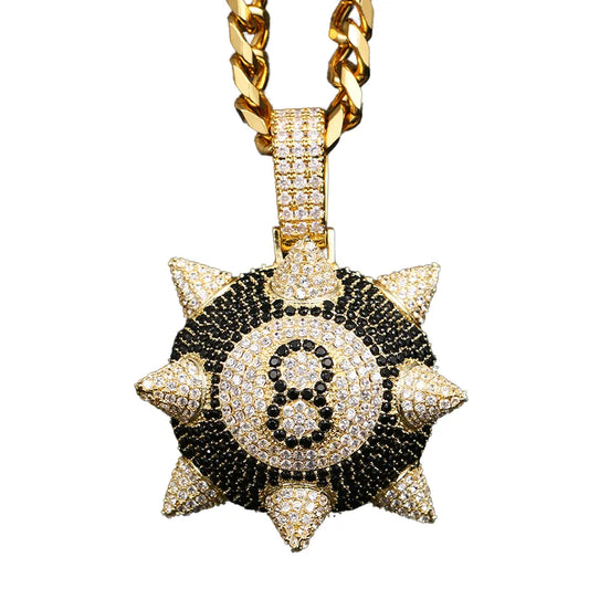 European and American Hot Style Micro-inlaid with Zircon Cartoon Black 8 Meteor Hammer Pendant Trendy Hip-hop Necklace