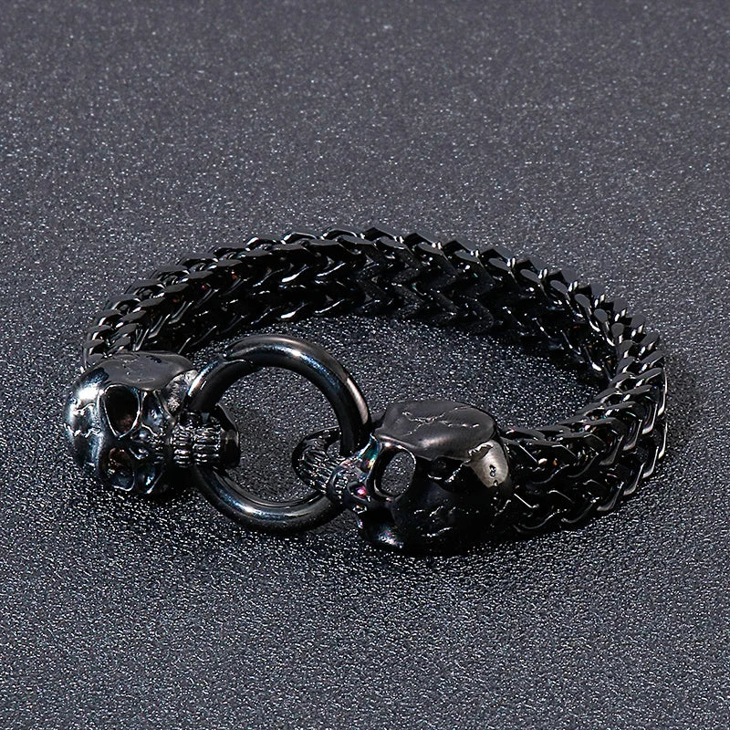 REBEL Punk Fine Jewelry Fashion Bracelets Stainless Steel Skull Charm Herringbone Links Bracelet