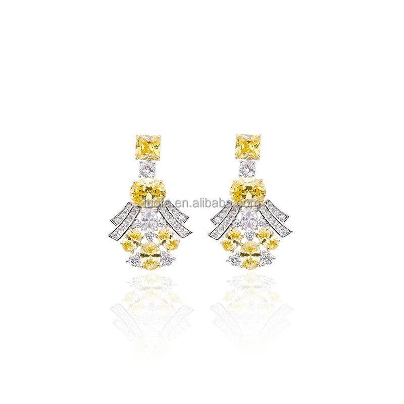 Brass Material High-end Customized Yellow Powder Zircon Dress Jewelry Women's Banquet Jewelry Collar Necklace Earrings Ring Set