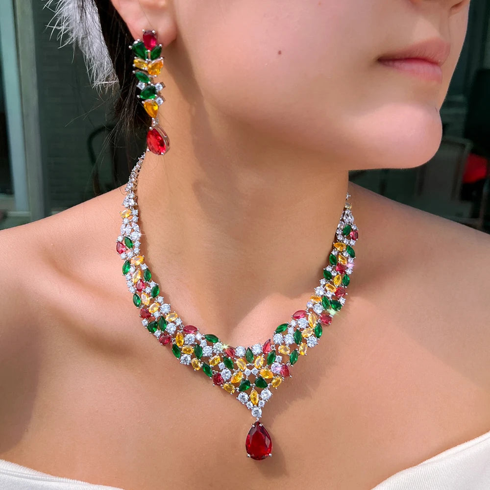 Colorful Nigerian Necklace Earrings Red Green Yellow White Zirconia Wedding Bridal Luxury Big Statement Jewelry Set for Women