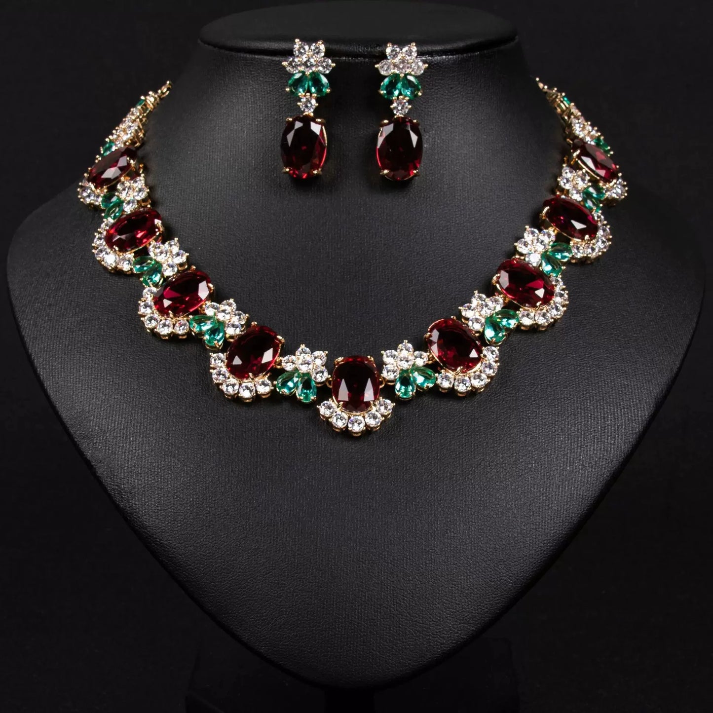XM S313 Oval Cut Zircon Floral Statement Necklace & Earrings Set