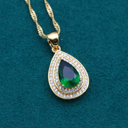Wholesale Custom 18K Gold Plated Necklace Set for Women Classic Water Drop White Zircon Pendant Ladies' Gold Jewellery