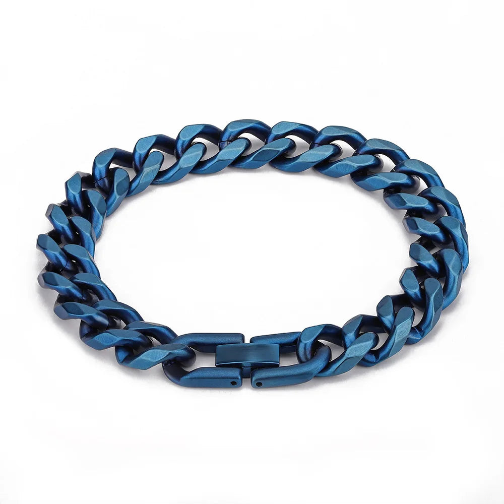 REBEL Duyizhao Vintage Stainless Steel Men's Charm Bracelet New European American Hip Hop Royal Blue Cowboy Cuban Rhodium Plated