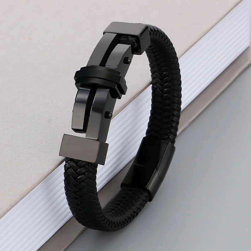 REBEL 210mm Vintage Premium Stainless Steel&Cowhide Leather Bracelet