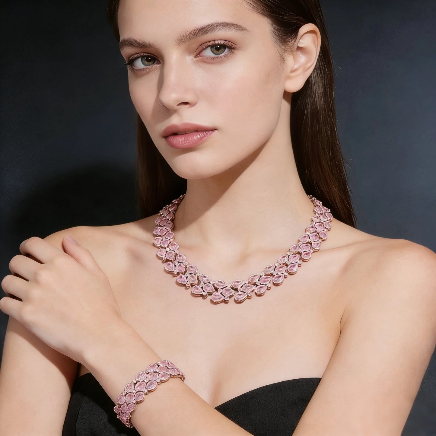 Bella Viva Elegant Pink Teardrop Cubic Zirconia Necklace & Bracelet and Earring 3pcs Jewelry Sets, for Wedding & Formal Events