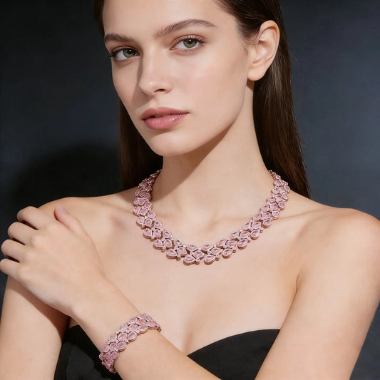 Bella Viva Elegant Pink Teardrop Cubic Zirconia Necklace & Bracelet and Earring 3pcs Jewelry Sets, for Wedding & Formal Events