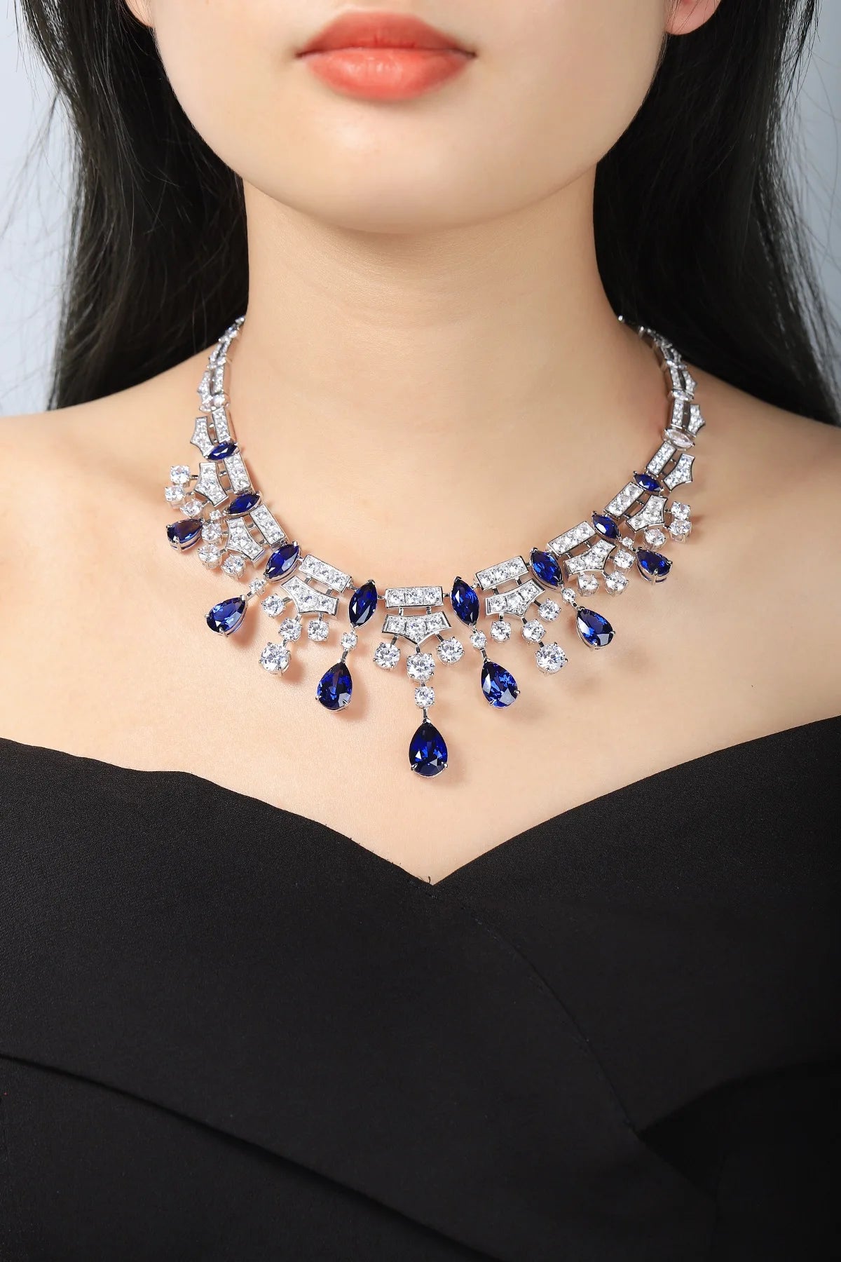 Gemfiori Anster Luxury Lab Grown Sapphire Necklace Pear Marquise Shape Gemstones Customized for Wedding Gift Party Engagement Anniversary