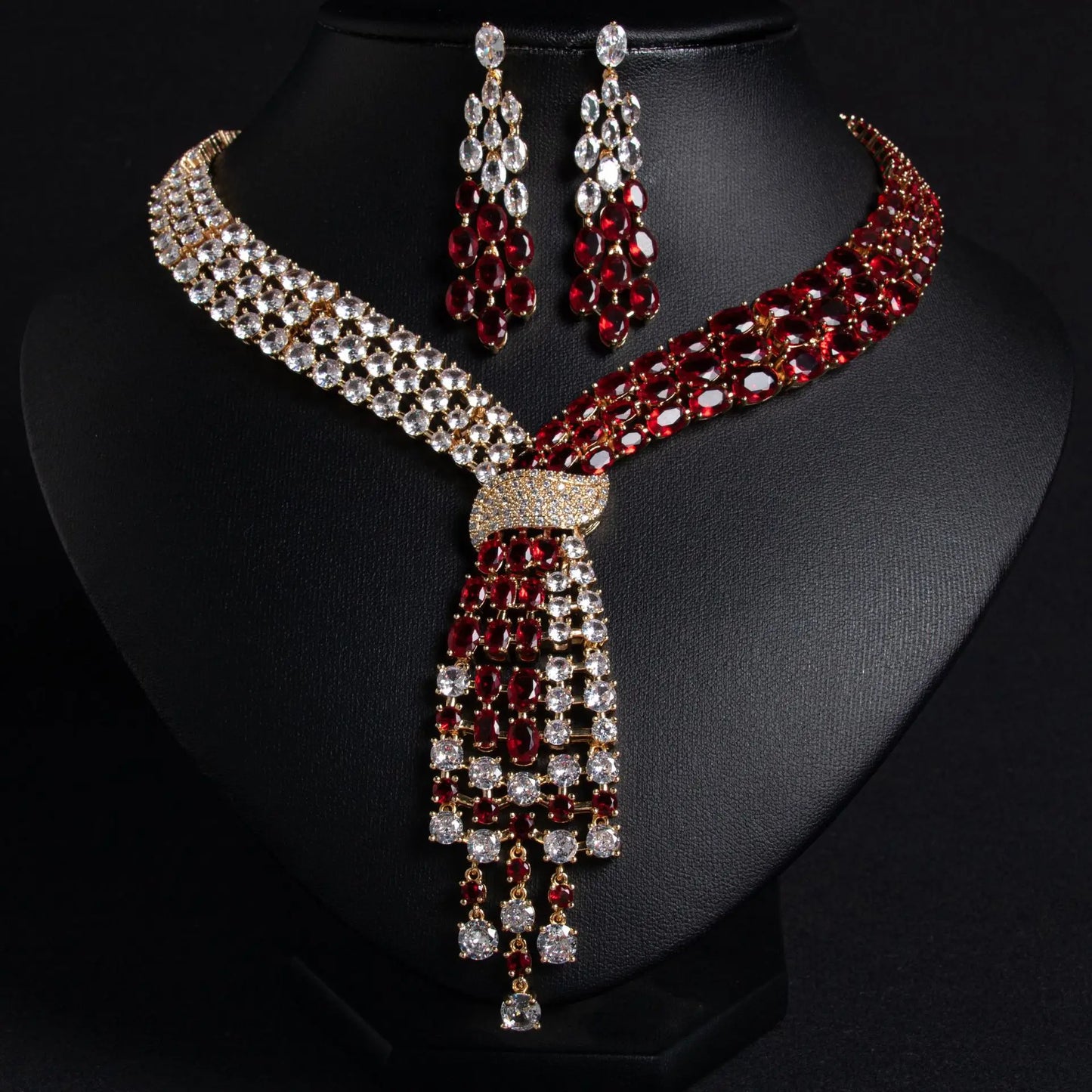 Luxury Oval-Cut Zirconia Dubai & Moroccan Tassel Statement Necklace & Earrings Bridal Set — Gold & Rhodium Plated