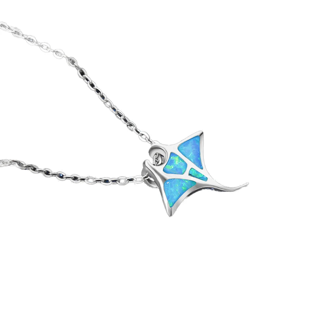 Hawaiian European American Style New Blue Opal Manta Ray Necklace Gold Plated Sweater Chain Pendant