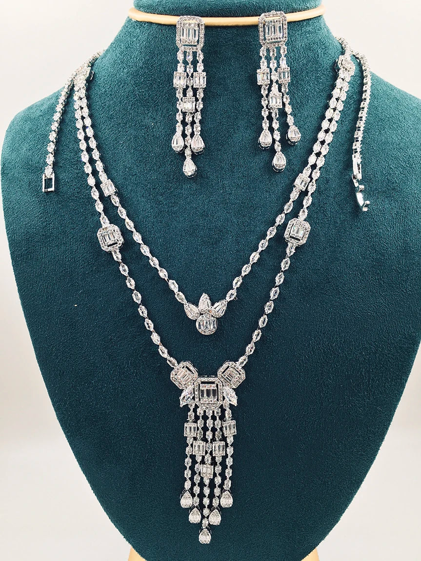 Luxury Full-Paved Radiant-Cut Zirconia Double-Layer Long Tassel Pendant Necklace & Earrings Set — Rhodium Plated