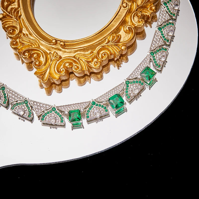 High-grade Jewelry Manufacturer Green High-end Dress Suit Brass Plated Women's Clavicle Chain Dinner Set Earrings Jewelry