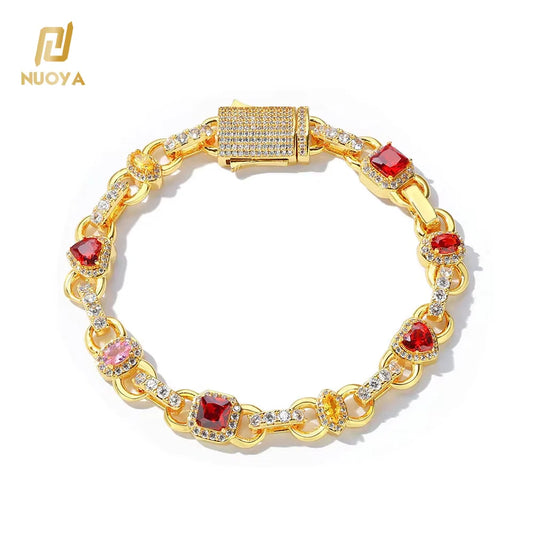 NUOYA Hip Hop Jewelry 18K Gold Plated Gemstone Chain Bracelet Womens Heart Shape Red Zircon Geometric Design Link Chain for Gift