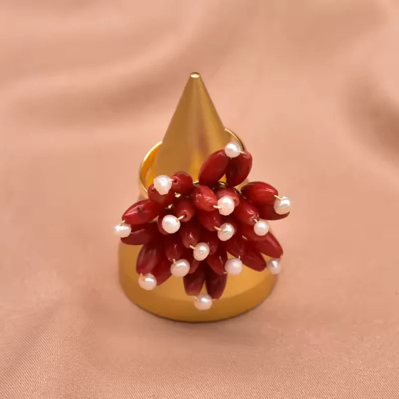 Red Coral Natural Pearls Fashion Accessories Set Fine Woman Ring Earrings Necklace Luxury Customized Jewelry Wedding