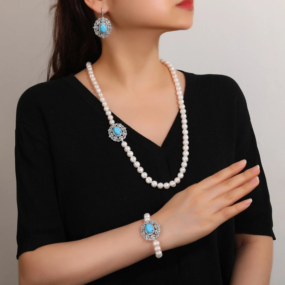 MUSHAN Jewelry Factory S925 Pearl Necklace Accessory High End Jewelry Gold Plated Blue Turquoise Cross Border Jewelry