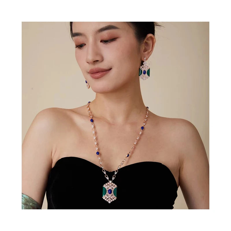 Luxury Green Malachite & Blue Stone Claw-Set Long Tassel Pendant Necklace & Earrings Dubai Bridal Set — Rose Gold Plated