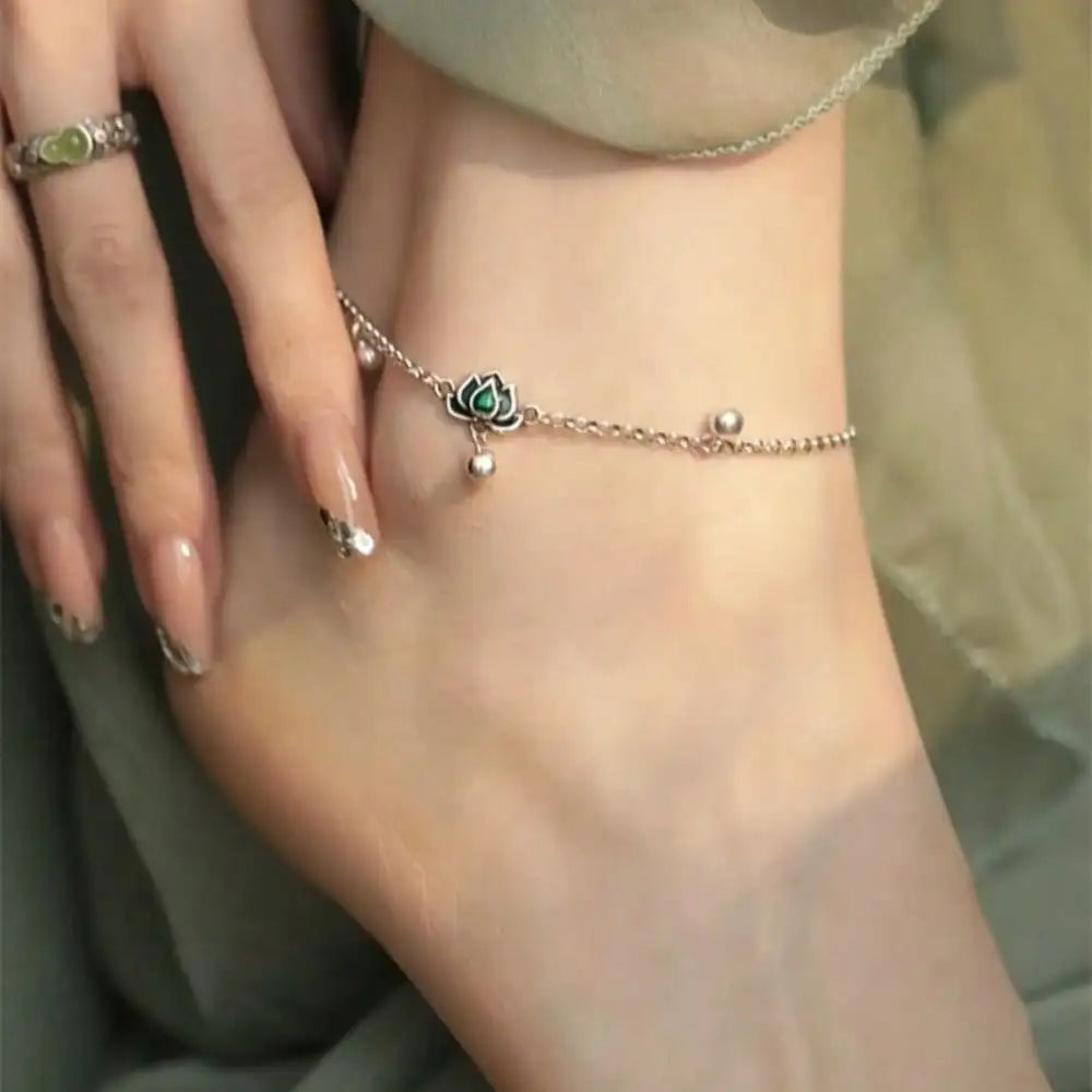 Blue Lotus Copper Anklet for Women with Vintage-Inspired Lotus Motif Party Literary Retro-Style Lucky Bead Anklet