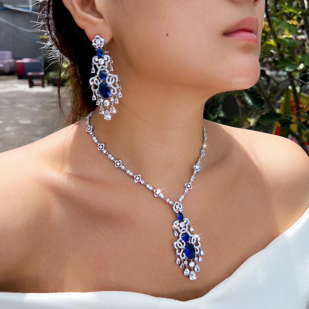 Top Quality Royal Blue Cubic Zirconia African Long Big Statement Necklace Earrings 2Pcs Sets for Women Evening Party Jewelry
