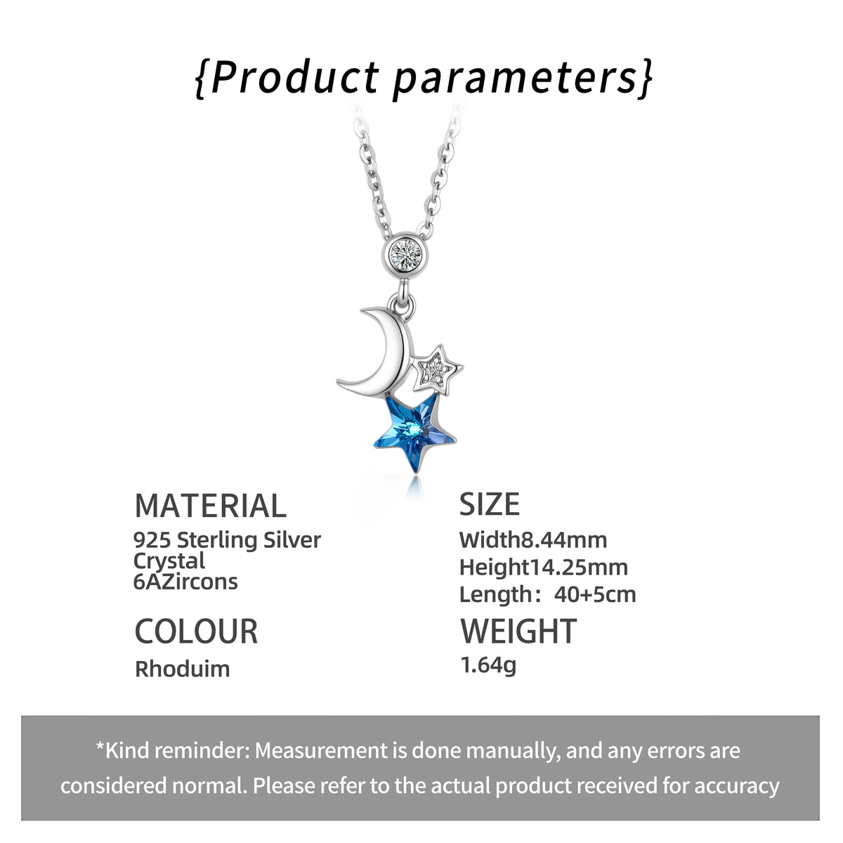 ArtistA Romantic 925 Sterling Silver Blue Star Crescent Moon Jewelry Set Austrian Crystal Drop Earrings Necklace for Women Birthday Gift