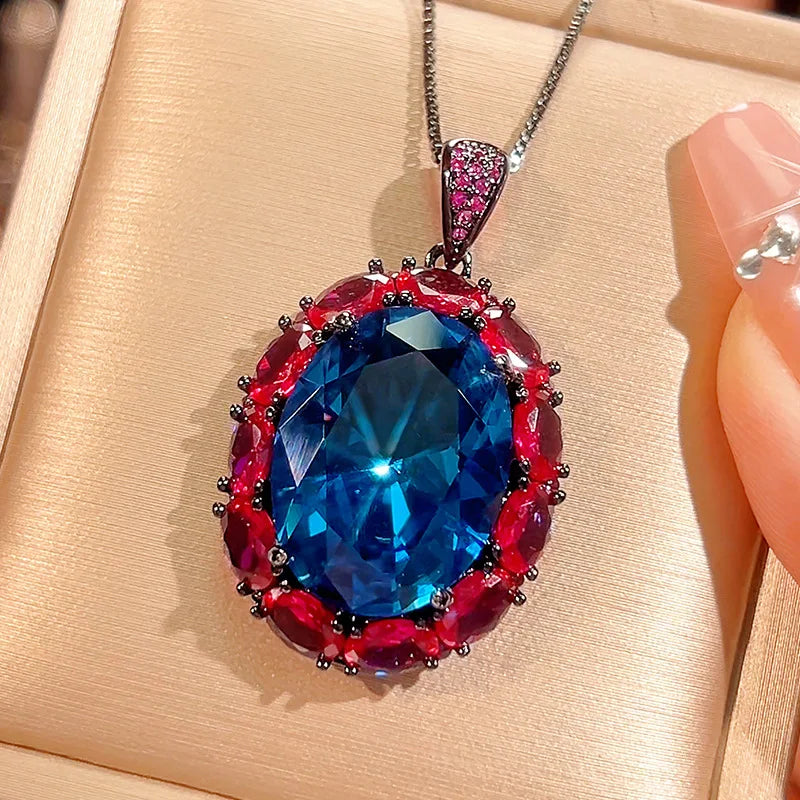 Gemfiori High End Fashion Jewelry Pigeon Blood Red and Sea Blue Zircon Oval Light Luxury Jewelry Set