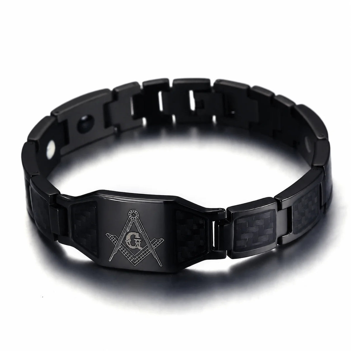 REBEL Black Stainless Steel Magnetic Therapy Link Bracelet with Carbon Fiber Inlay and Masonic Square & Compass Engraved Plate for Men