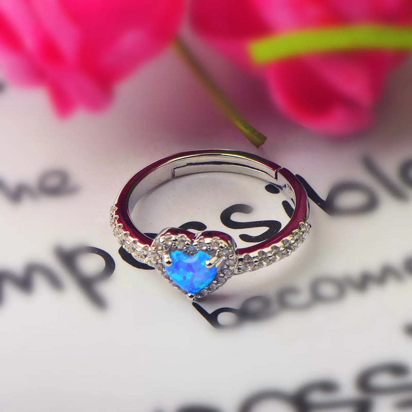 Romantic Heart Opal Promise Ring - Blue Fire Opal Center & CZ Halo Design | Dainty Daily Jewelry Bulk Gifts