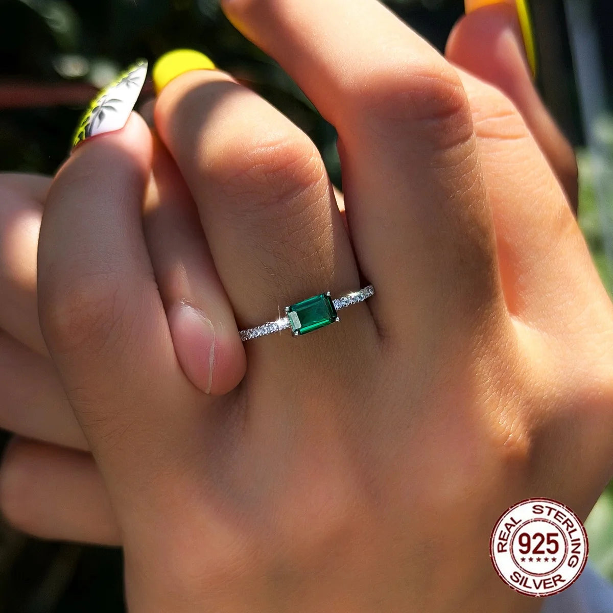 S&S 925 Sterling Silver Green Emerald-Cut CZ Solitaire Ring – Sizes 6–9 – Collection
