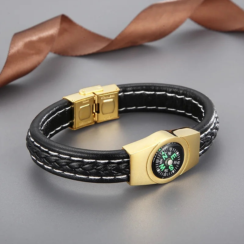 REBEL 210mm Unisex Trendy Ultrafiber Bracelet With Silver/Gold/Black Stainless Steel Compass