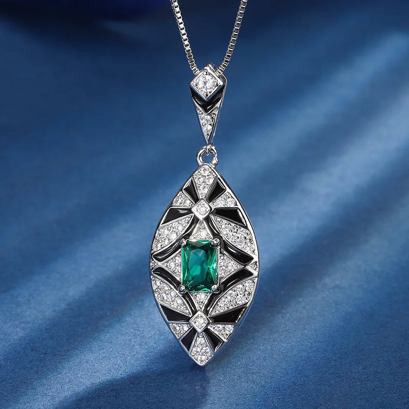 Gemfiori Vintage Charm Pendant Earring Set with Leaf Charm and High End Jewelry Inlaid with Square Zircon Jewelry
