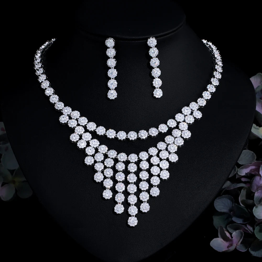 Shiny Round Micro Paved Cubic Zircon CZ Bridal Tennis Necklace and Earring Wedding Luxury Big Jewelry Set for Women Accessories