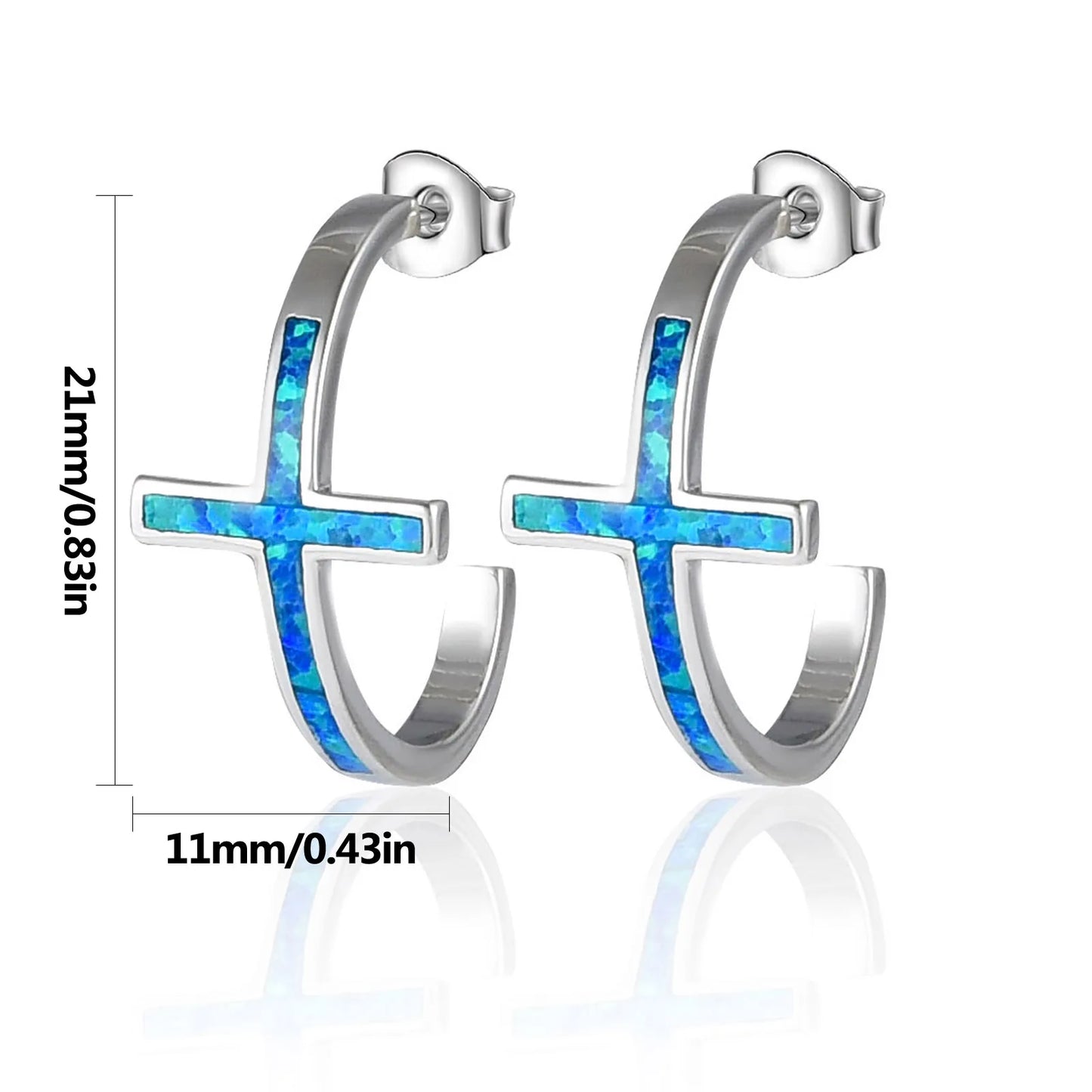 Faith Cross Opal Huggie Earrings - Blue Fire Opal Inlaid Cross Hoop Design | Minimalist Spiritual Jewelry Bulk Gifts