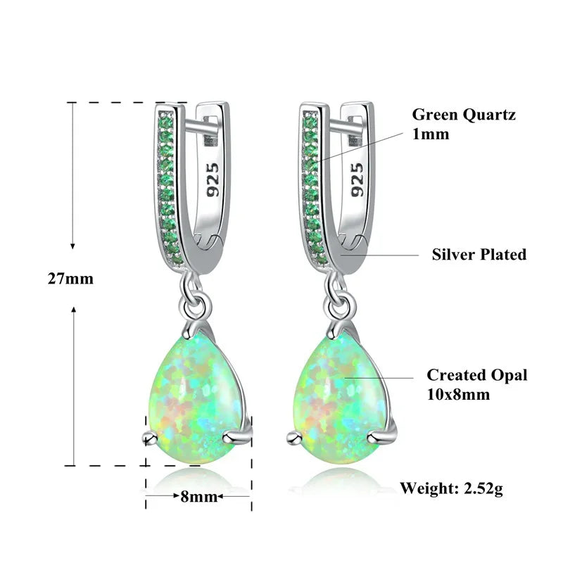 Retro Bohemian Christian Teardrop Green Opal Silver Plated Brass Earrings Elegant Women's Gift Bulk Supply