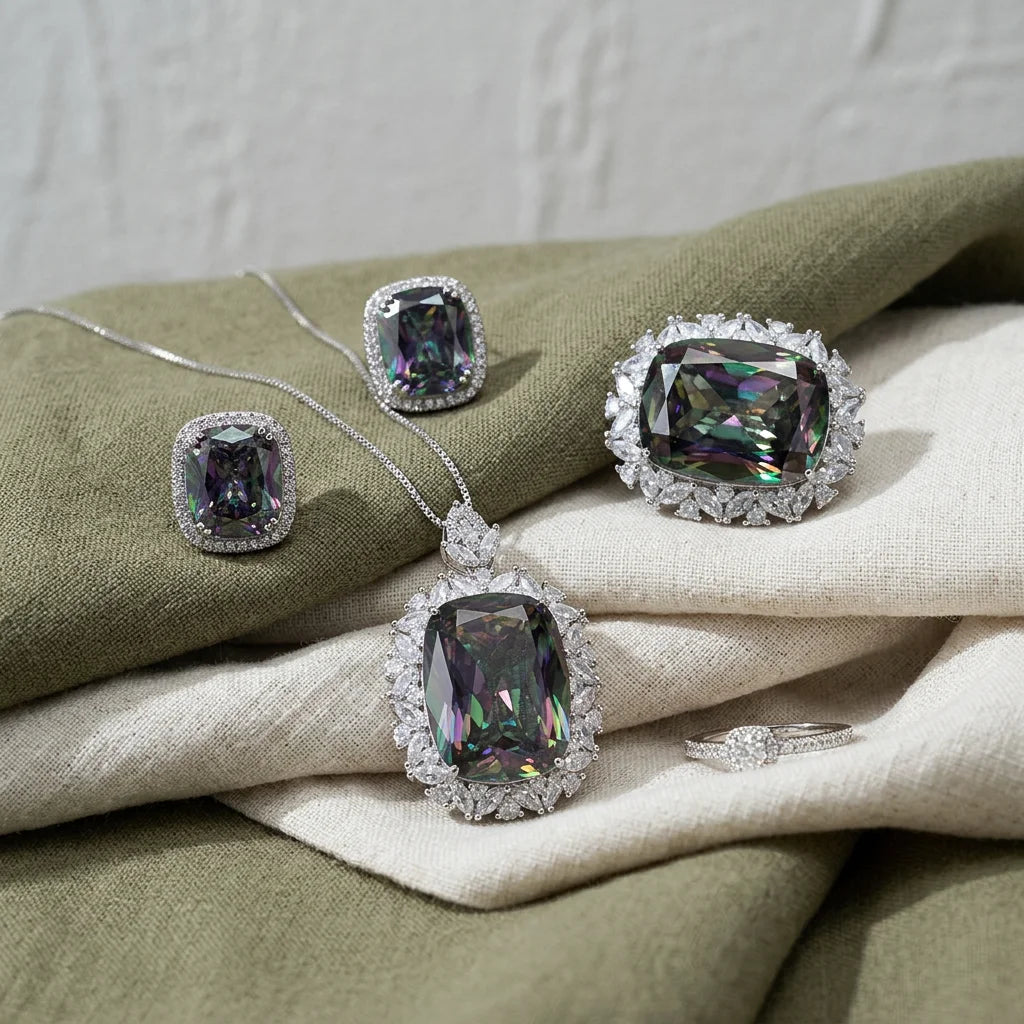S&S Gold Plated Vintage Zircon Jewellery Set – Pendant, Ring & Earrings – Cushion Cut – Collection