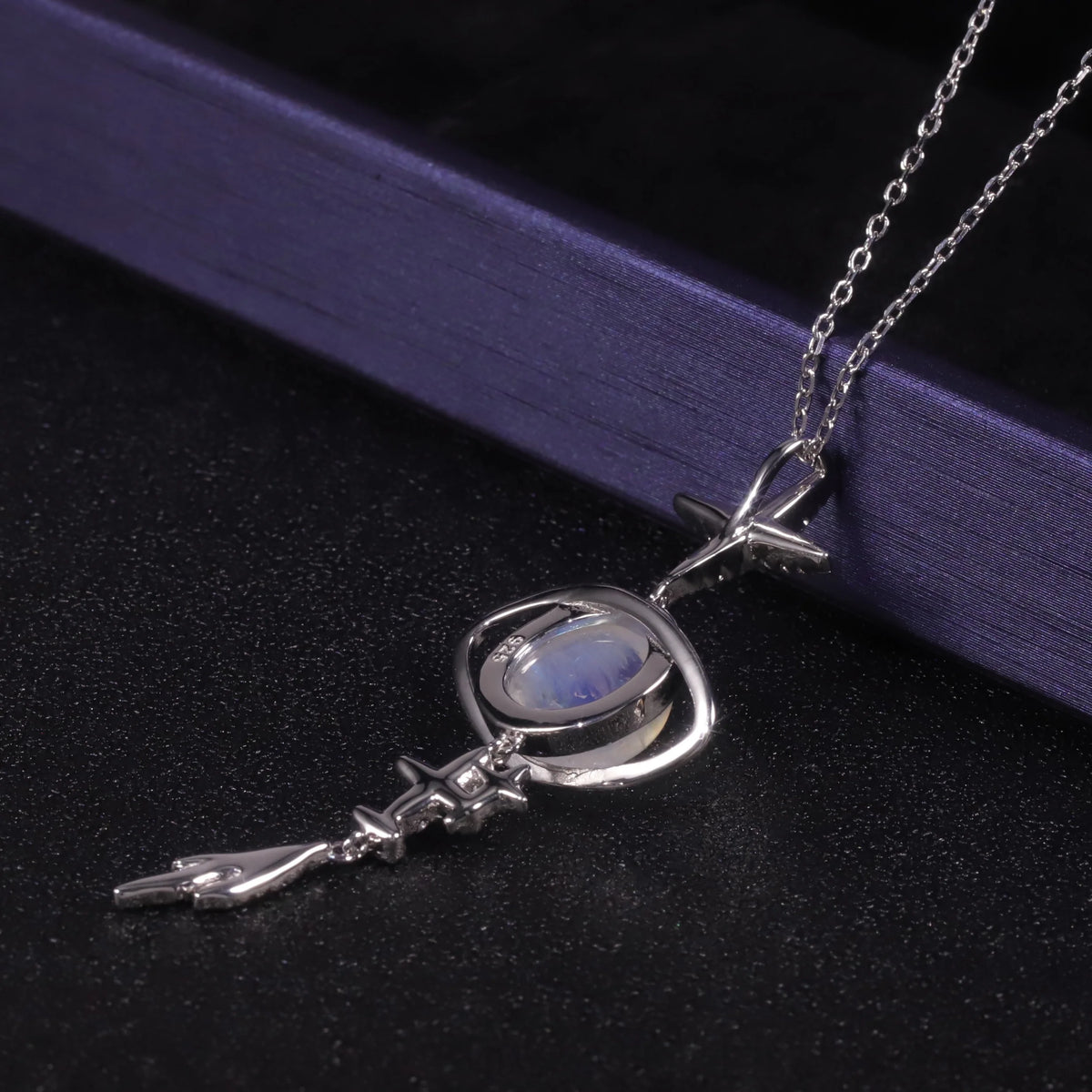 ArtistA C8155 Abiding Beautiful Design Glowing Milky Blue Moonstone Planet Zircon Star 925 Silver Dangle Pendant Necklace
