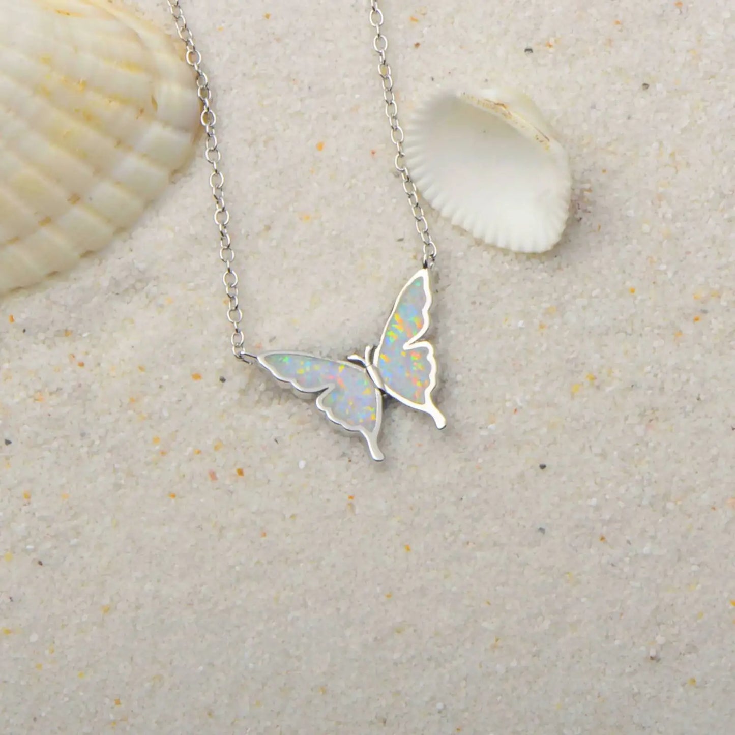 Iridescent Opal Butterfly Pendant | Silver Fashion Necklace