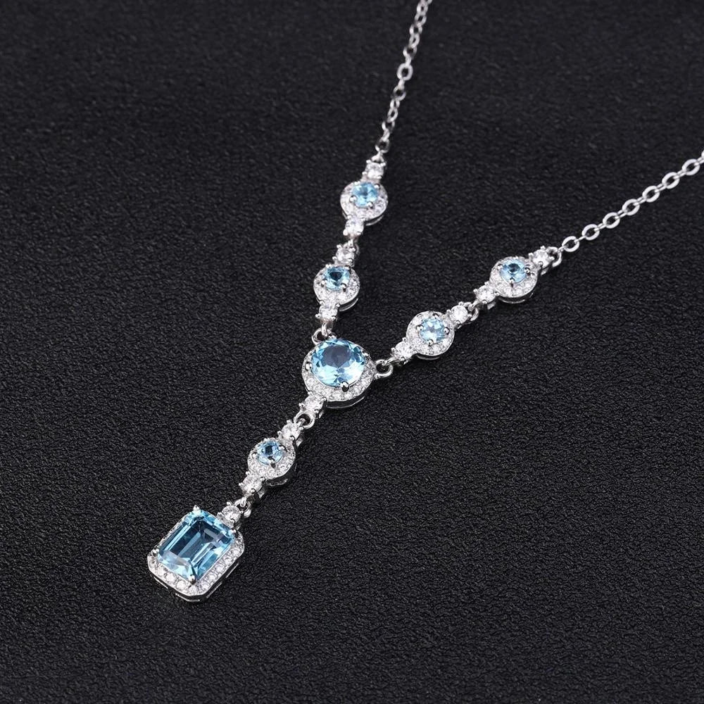 ArtistA Abiding Premium 925 Sterling Silver Women Chain Link Natural Swiss Blue Topaz Emerald Cut Pendant Necklace