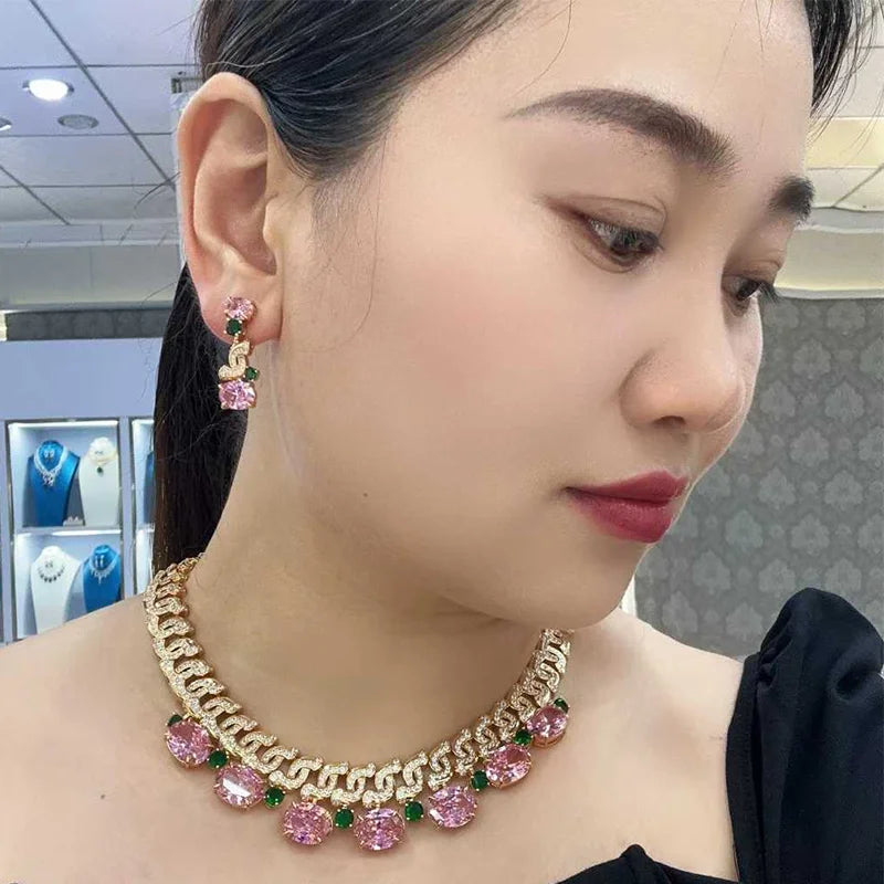 Exquisite Pink Zircon Bride Set S-shaped Full Diamond Necklace Earrings High End Customized Important Occasion Festival Jewelry