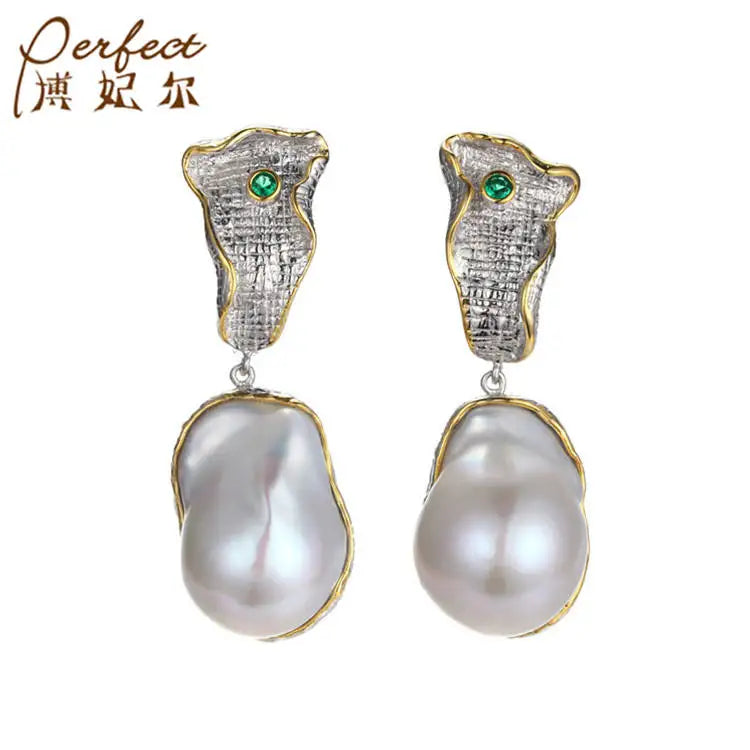Custom Design Gold Plated Large Baroque Pearl Earrings 925 Sterling Silver