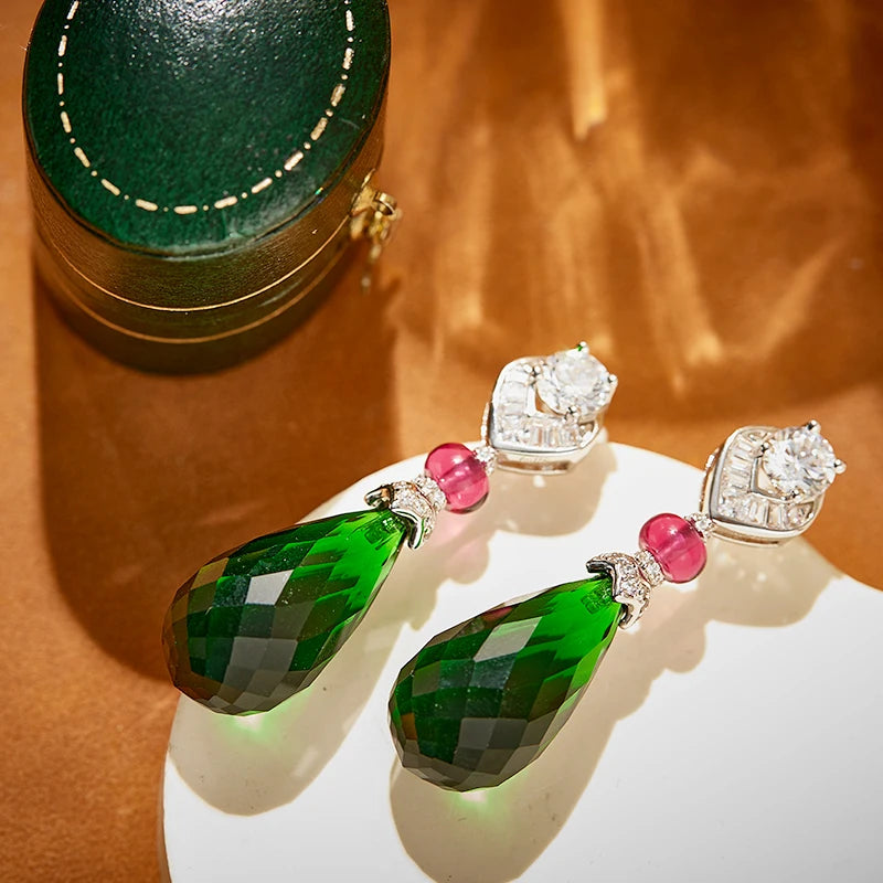 Brass Pear Shaped Green Treasure Necklace Earring Set, Luxurious High-end Women's Evening Dress, Suitable for Weddings or Gifts