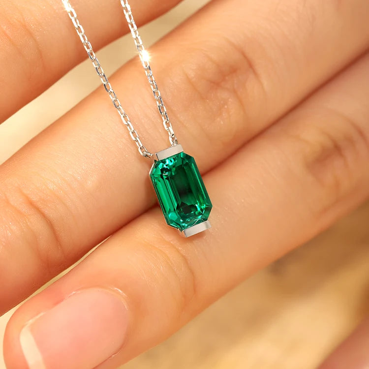 Gemfiori Lab Gemstones Emerald 9*6 Columbia Emerald 18K Gold Pendant Necklace for Womens