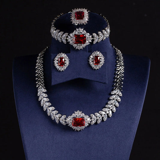 Dubai-Style Cubic Zirconia 4-Piece Bridal Jewellery Set — White, Red & Green