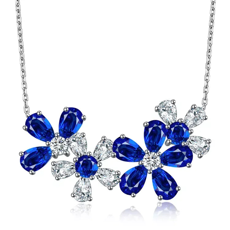 Gemfiori 925 Silver Jewelry Sterling Diamond Flowers Pendant Synthetic Sapphire Necklace for Her Birthday Gift Affordable Trendy