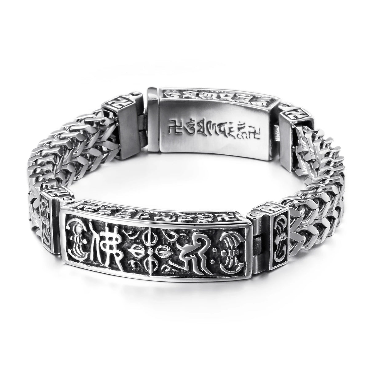 VIKING Mens Retro Buddhist Sutra Bracelet – Silver Stainless Steel