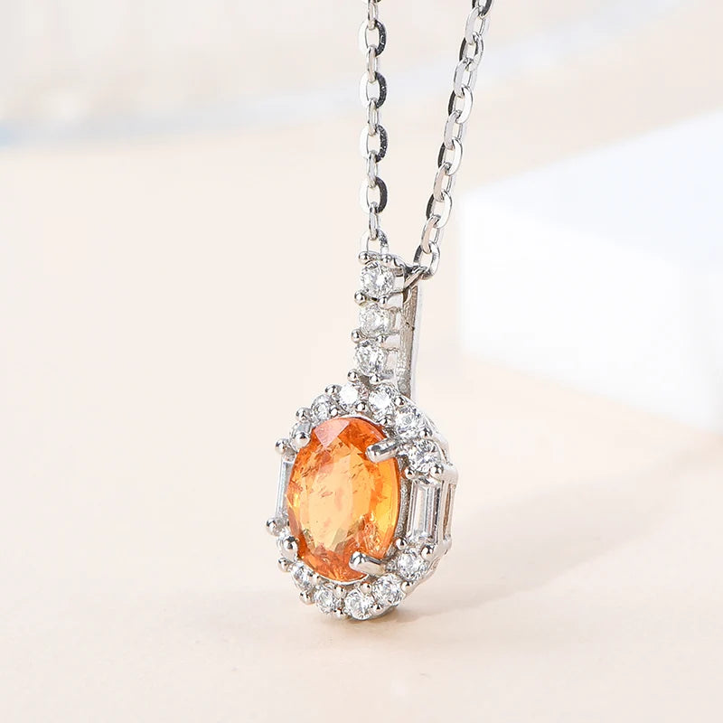 Gioiellieri Fine Jewelry Rhodium Plated 925 Silver Luxury Oval Cut Claw Setting Pendant Necklace for Women Natural Orange Garnet