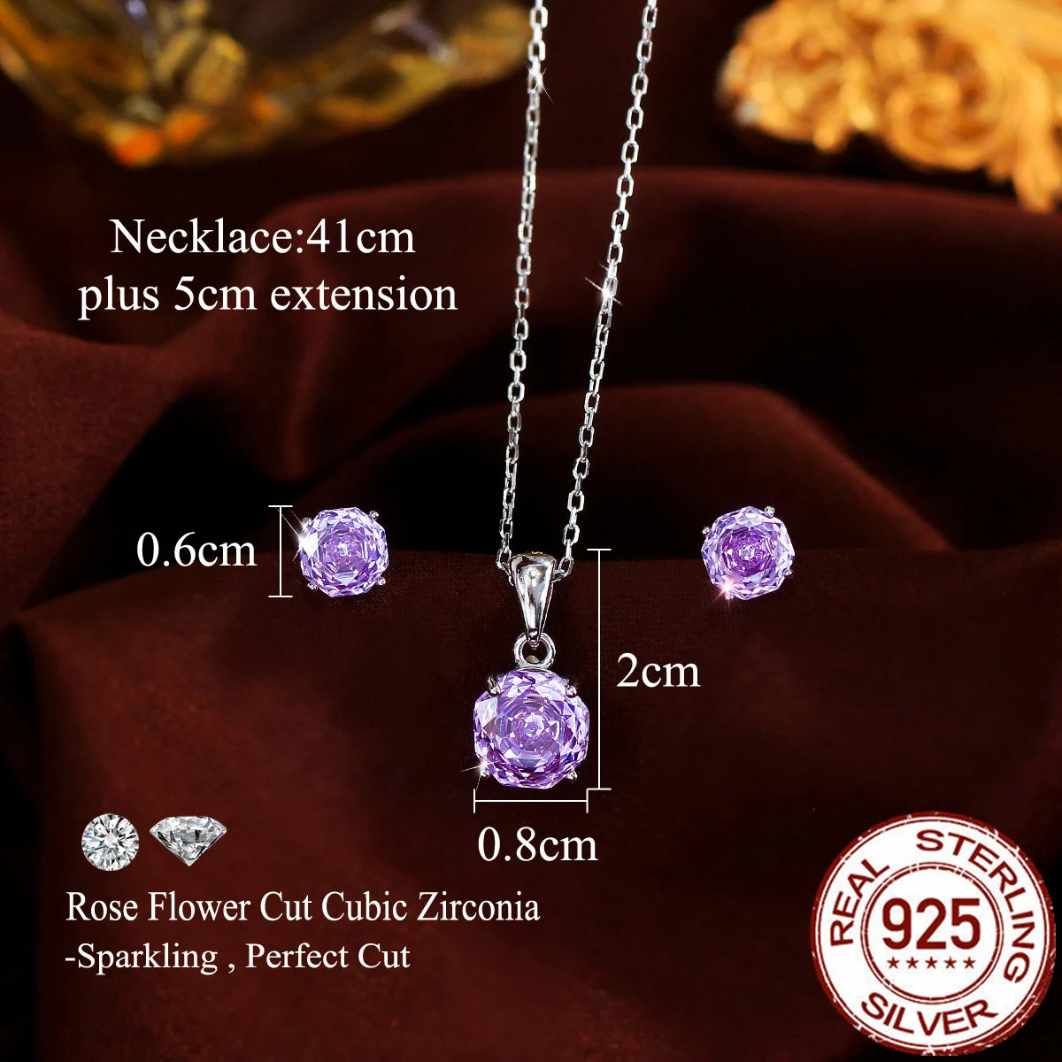 S&S 925 Sterling Silver Purple Rose-Cut CZ Jewellery Set – Necklace & Earrings – Collection